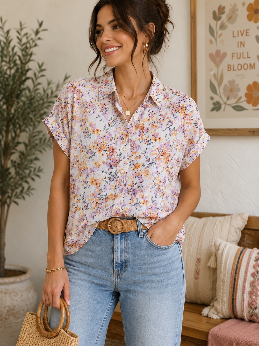 H&M 100% Linen Floral Button Front Short Sleeve Blouse Women’s Large